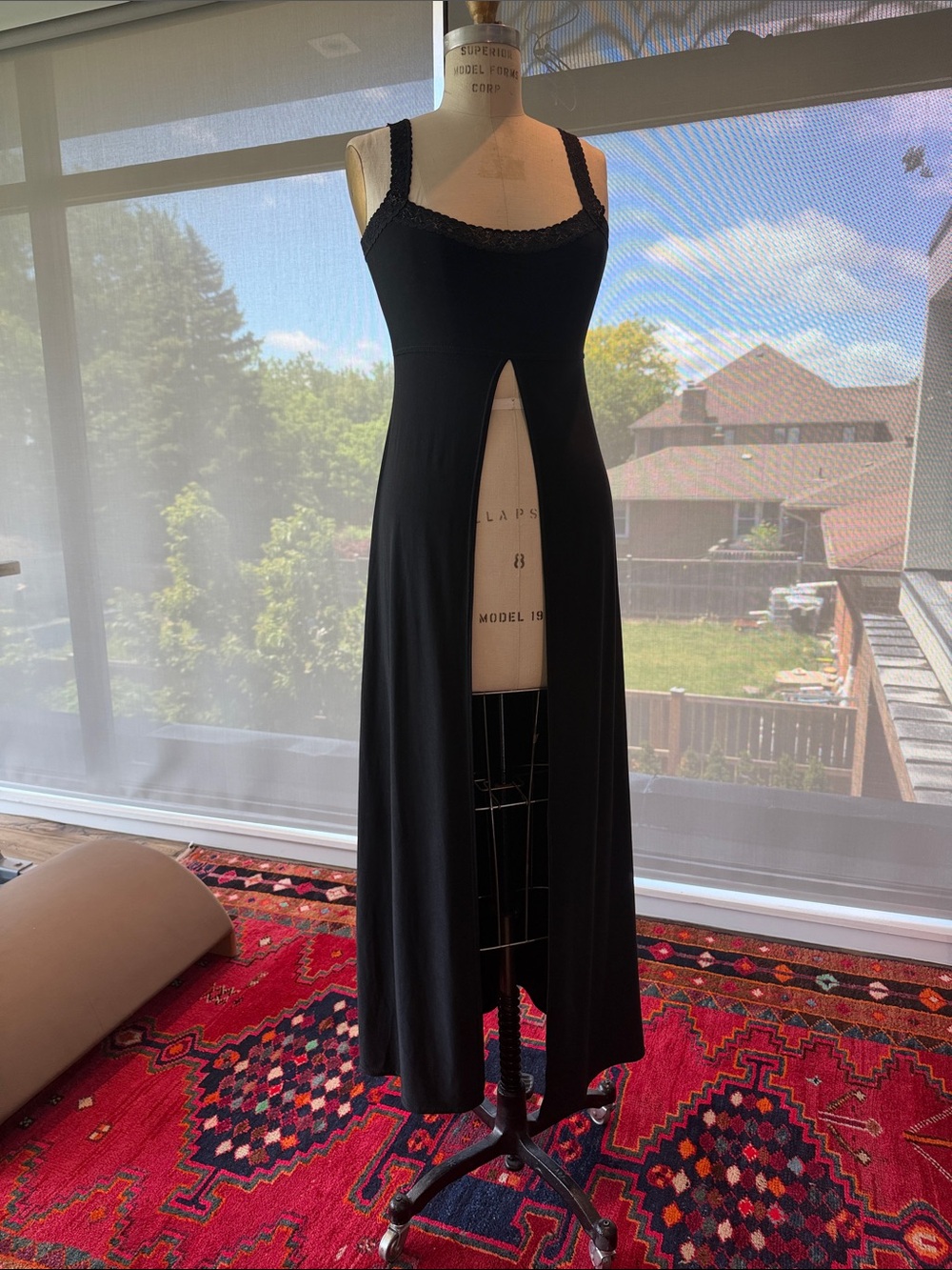 Black Lace-Trim Maxi Dress with Front  Slit